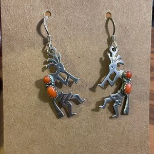 Sterling Silver and Coral Kokopelli Earrings